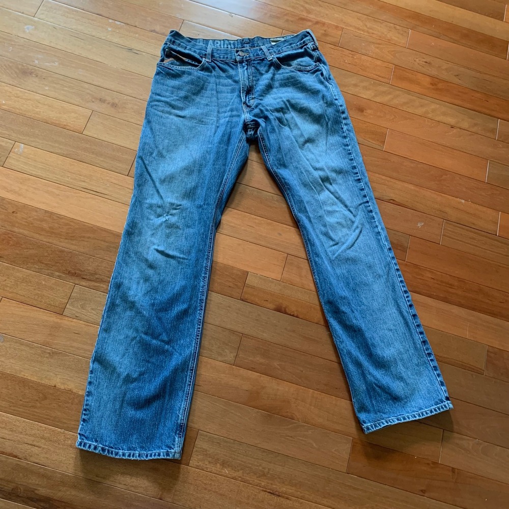 Ariat 34/36 M4 Low Rise Bootcut Jeans Blue Medium Wash Denim Distressed Rugged